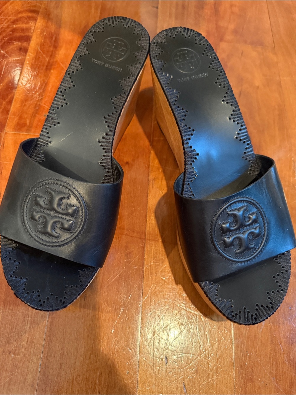 Tory Burch Black Leather Logo Slide Mules.  Never Worn!